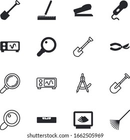 instrument vector icon set such as: audio, broadcast, pictogram, horizontal, radio, spring, ultrasound, yard, rulers, performance, compass, volume, plan, examining, lupe, number, businessman, stapler