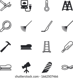 instrument vector icon set such as: pictogram, tripod, seek, magnification, cosmos, nail, hammer, workshop, planetarium, improvement, observe, imaging, operation, house, spy, heart, stepladder, wood