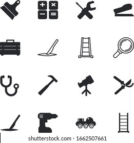 instrument vector icon set such as: scissors, stethoscope, icons, tripod, display, steel, trim, pulse, zoom, computer, screw, sick, case, garden, options, maintenance, accounting, financial, antenna