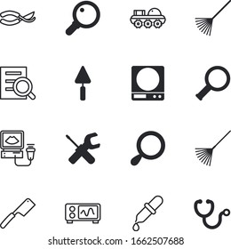 conjunto de iconos vectoriales de instrumentos como: oscilloscopio, escucha, onda, ultrasonido, pesaje, tratamiento, universo, hospital, astronomía, herramientas, stock, exploración, estación, cultivo, guarnecido, luz, árbol, líquido