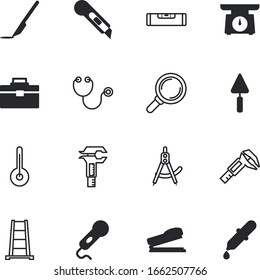 instrument vector icon set such as: architect, website, magnifying, magnification, container, divider, operate, home, hot, indicator, magnifier, service, stethoscope, mass, optical, draw, warm, step