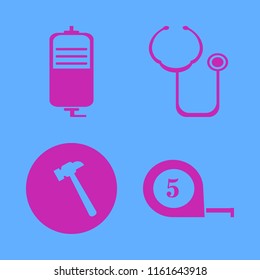 instrument vector icons set. with tape measure, hammer, stethoscope and drop counter in set