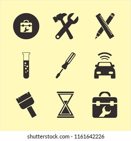 instrument vector icons set. with test tube, paint brush, wrench hammer and car with signal in set