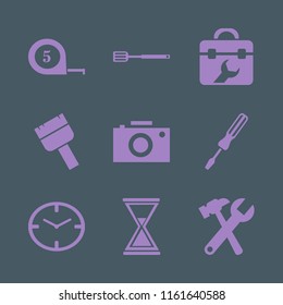 instrument vector icons set. with watch face, hourglass, wrench hammer and tape measure in set