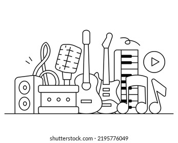 Ilustración vectorial de instrumentos. Arte de línea musical