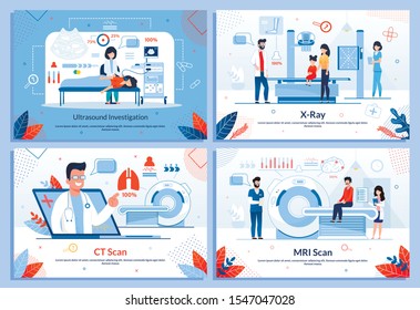 Instrumental Diagnostic Methods Promo Banner Flat Set. Ultrasound Investigation, X-Ray, CT and MRI Scan. Informative Poster. Cartoon Doctors and Patients Characters. Vector Illustration