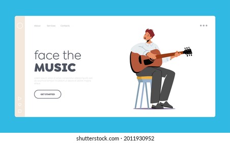 Instrumental Performance Landing Page Template. Character Playing Guitar on Scene. Musician with String Instrument Perform on Stage with Classical or Popular Music Concert. Cartoon Vector Illustration
