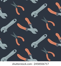 Instrumental seamless pattern with flat drawings of repairing tools. Dark theme. Sustainability and upgrade concept. Vector hand drawn elements isolated on dark background. Industrial concept