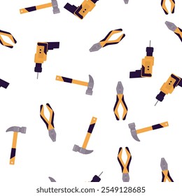 Instrumental seamless pattern of repairing tools. Sustainability and upgrade concept. Industrial tools, repair instruments. Texture, background, wallpaper template. flat vector illustration