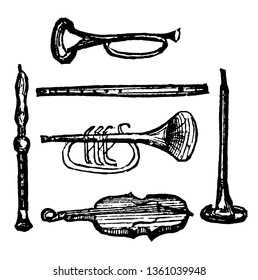 Instrumentos Contrivancias mediante las cuales se producen sonidos musicales, dibujo de línea vintage o ilustración de grabado.
