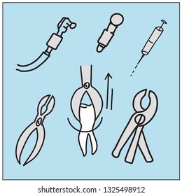 Instruments and  dental  Icons Theme Logos and Labels  Set and Illustrations of Healthy Teeth Treatment