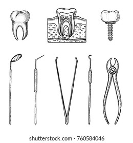 instruments equipment of the dentist for teeth enamel, set doctor. oral cavity clean or sick. health or caries human. engraved hand drawn in old or vintage sketch. medicine, care for cavity, implant.