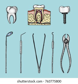 instruments equipment of the dentist for teeth enamel, set doctor. oral cavity clean or sick. health or caries human. engraved hand drawn in old or vintage sketch. medicine, care for cavity, implant.