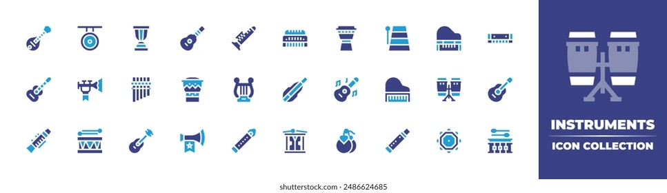 Instruments icon collection. Duotone color. Vector illustration. Containing mandolin, lyre, bongo, clarinet, guitar, dulcimer, zampona, harmonica, vuvuzela, djembe, gong.