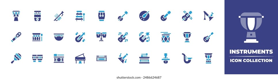 Instruments icon collection. Duotone color. Vector illustration. Containing guitar, drum, electric, ophthalmoscope, xylophone, conga, banjo, drums, timpani, trumpet.