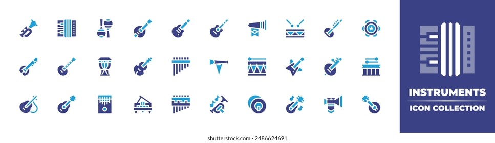 Instruments icon collection. Duotone color. Vector illustration. Containing doublebass, guitar, trumpet, electricguitar, mandolin, sitar, accordion, panflute, drum, maracas.