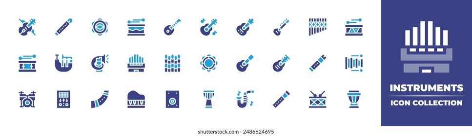 Instruments icon collection. Duotone color. Vector illustration. Containing organ, guitar, drum, tambourine, indonesia, trumpetplayer, lute, bagpipe, flute, violin.