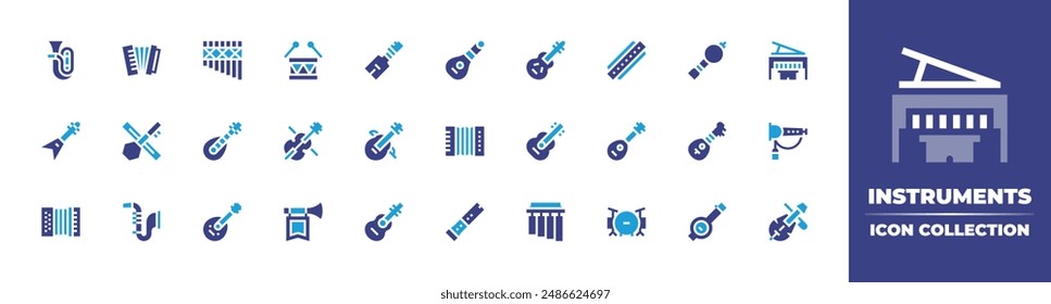 Instruments icon collection. Duotone color. Vector illustration. Containing accordion, guitar, oud, flute, violin, mandolin, erhu, saxophone, fanfare, electricguitar.