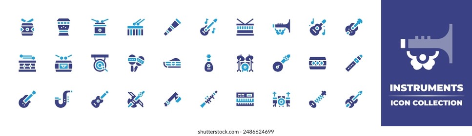 Instruments icon collection. Duotone color. Vector illustration. Containing drum, drumset, drums, maracas, zither, trumpet, lute, gong, didgeridoo, guitar.