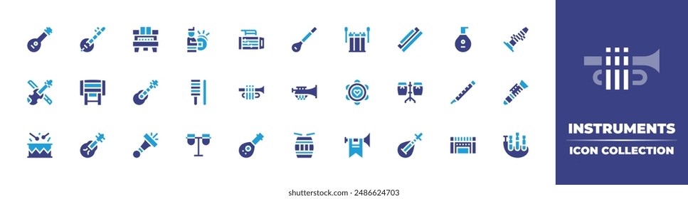 Instruments icon collection. Duotone color. Vector illustration. Containing instrument, mandolin, piano, guiro, guitar, trumpet, fiddle, cymbalsplayer, tanbur, banjo, beduk.