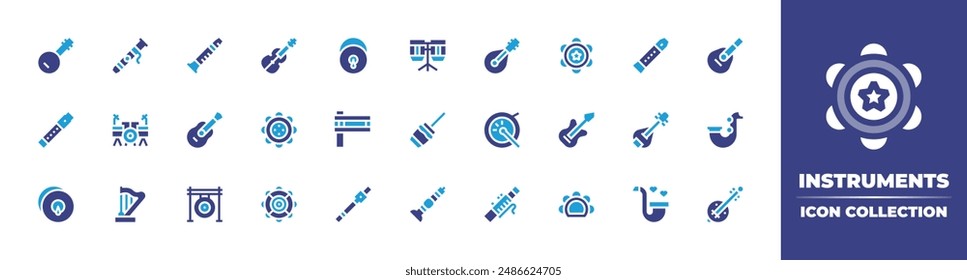 Instruments icon collection. Duotone color. Vector illustration. Containing mandolin, tambourine, drum, bongo, electricguitar, ukulele, saxophone, zambomba, flute.
