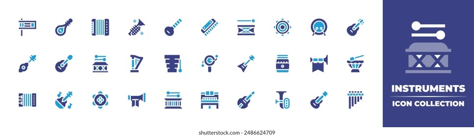 Instruments icon collection. Duotone color. Vector illustration. Containing lute, drum, accordion, banjo, xylophone, matraca, harp, trumpet, spanishguitar, pipa.