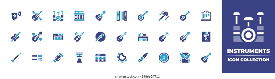 Instruments icon collection. Duotone color. Vector illustration. Containing melodica, drum, horn, guitar, cello, banjo, violin, accordion, piano, lute, drumset.