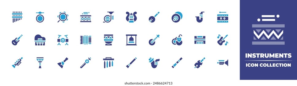 Instruments icon collection. Duotone color. Vector illustration. Containing drum, grandpiano, accordion, flute, guitar, chinchinero, tambourine, frenchhorn, kettledrum.