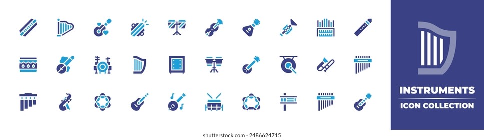 Instruments icon collection. Duotone color. Vector illustration. Containing harmonica, banjo, harp, balalaika, drums, cymbals, guitar, ektara, fiddle, conga, cajon.