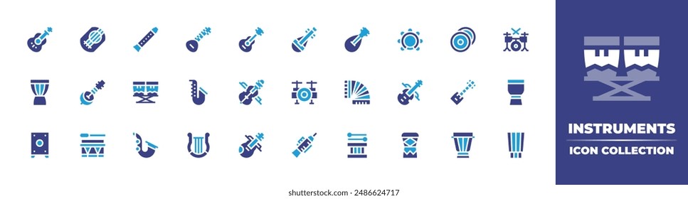 Instruments icon collection. Duotone color. Vector illustration. Containing mandolin, djembe, accordion, drumset, biwa, tambourine, cymbal, guitar, shamisen, violin.