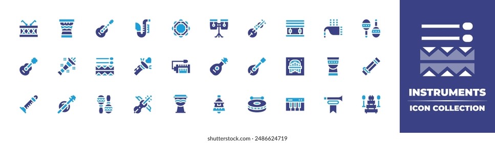 Instruments icon collection. Duotone color. Vector illustration. Containing guitar, fiddle, flute, trumpet, vuvuzela, drum, oud, cowbell, djembe, melodica, maracas, banjo.