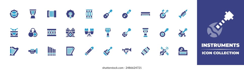 Instruments icon collection. Duotone color. Vector illustration. Containing drum, castanets, accordion, conga, trumpet, bassdrum, flute, djembe, panpipe, harp.