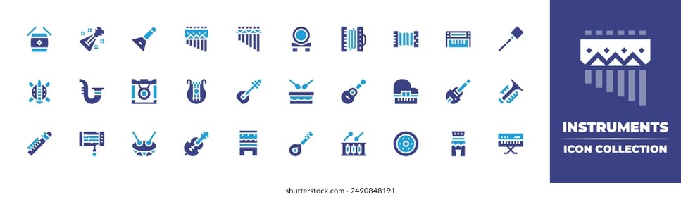 Instruments icon collection. Duotone color. Vector illustration. Containing violin, piano, saz, lyre, huehuetl, ukulele, trumpet, electroacousticbass, drum, sitar, brakedrum.