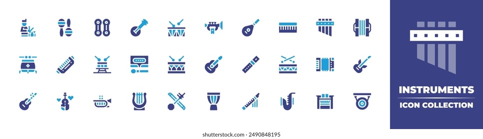 Instruments icon collection. Duotone color. Vector illustration. Containing qarqaba, banjo, woodblock, apollo, guitar, drum, drumplayer, violin, maracas, harmonica, cornet.