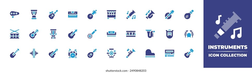 Instruments icon collection. Duotone color. Vector illustration. Containing piano, guitar, banjo, pipa, drum, djembe, ukelele, ocarina, clarinet, harmonica, huehuetl.