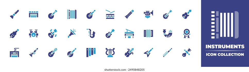 Instruments icon collection. Duotone color. Vector illustration. Containing trumpet, rockandroll, accordion, violin, guitar, flute, piano, drumset, drum, saxophone.