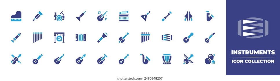 Instruments icon collection. Duotone color. Vector illustration. Containing piano, flute, accordion, zampona, guitar, vuvuzela, suona, violin, sitar, gralla, gong, drumset.