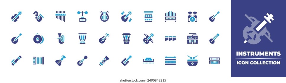 Instruments icon collection. Duotone color. Vector illustration. Containing violin, keyboard, electricpiano, oboe, drum, sitar, guembri, ukulele, harmonica, bodhran, tenordrum.