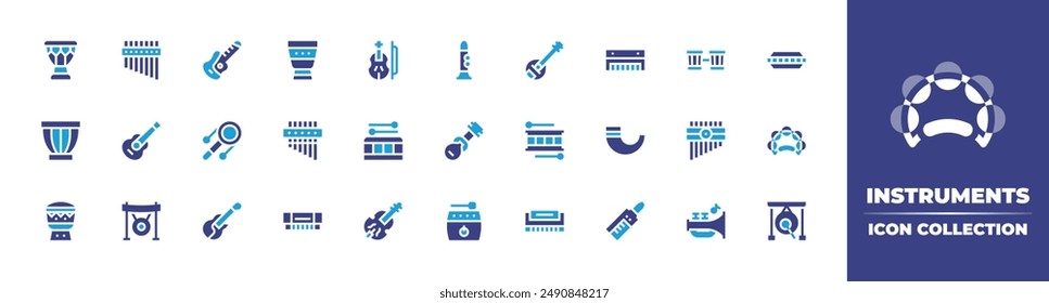 Instruments icon collection. Duotone color. Vector illustration. Containing timpani, drum, guitar, tar, zampona, bouzouki, panflute, violin, clarinet, dendendaiko.