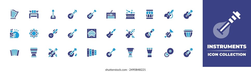 colección de iconos de Instrumentos. Color duotono. Ilustración vectorial. Contiene piano, pandereta, marimbol, ukelele, balalaika, arpa, batería, veena, biwa, mandolina.