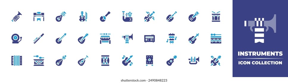 Kollektion des Instrumente-Symbols. Zweitonfarbe. Vektorillustration. Enthält Trompete, Musikinstrument, Akkordeon, Oud, Trommel, Mandoline, Glocke, Violine, Klavier, Pipa, Piccolo.