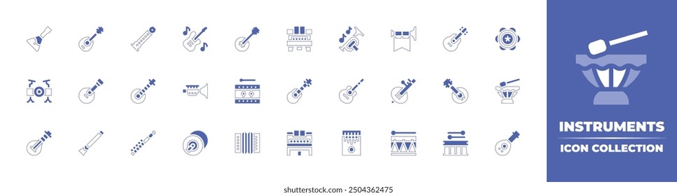 Instruments icon collection. Duotone style line stroke and bold. Vector illustration. Containing piano, banjo, guitar, tambourine, trumpet, drum, lute, accordion, sitar, kalimba.