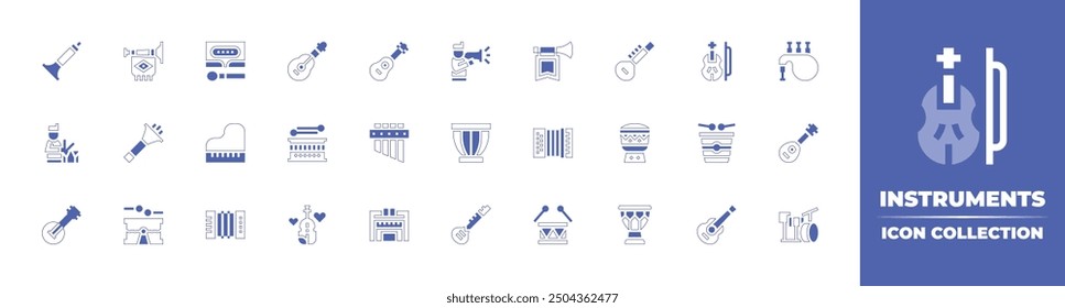 Instruments icon collection. Duotone style line stroke and bold. Vector illustration. Containing piano, banjo, woodblock, accordion, vuvuzela, drumplayer, suona, drum, violin, guitar.