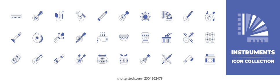 Instruments icon collection. Duotone style line stroke and bold. Vector illustration. Containing musicalinstrument, drum, accordion, violin, africandrum, guitar, tambourine, sitar, qarqaba, zither.