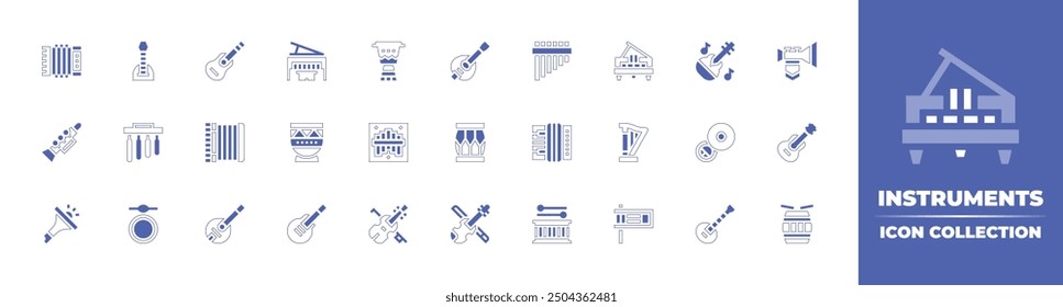 Instrumentos icono de colección. Estilo duotono trazo de línea y negrita. Ilustración vectorial. Contiene mandolina, piano, tambor, guitarra, matraca, arpa, violín, acordeón, sitar, panflute, dagu, trompeta, sousap