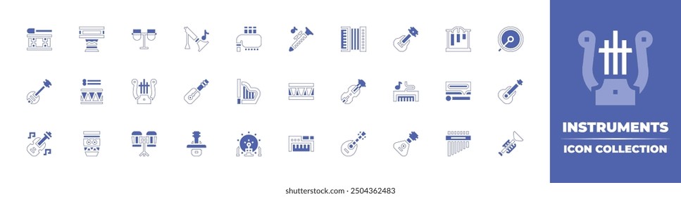 Instruments icon collection. Duotone style line stroke and bold. Vector illustration. Containing melodica, balalaika, accordion, woodblock, guitar, fiddle, tubular, lute, zampona, bassdrum, trumpet.