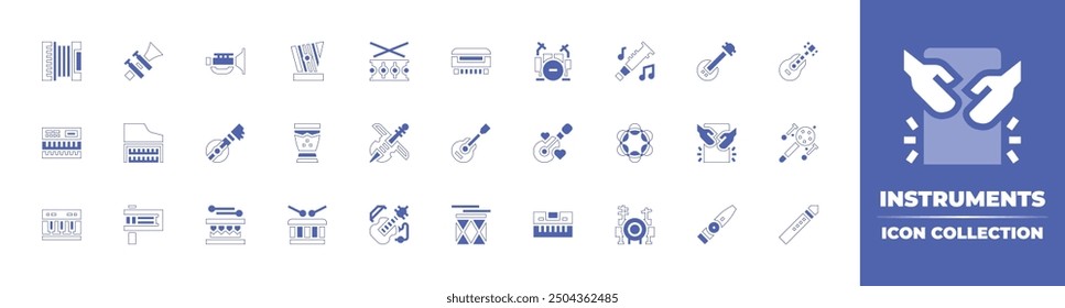 Instruments icon collection. Duotone style line stroke and bold. Vector illustration. Containing jazz, matraca, accordion, kankles, harpsichord, synthesizer, trumpet, drum, bouzouki, keyboard.