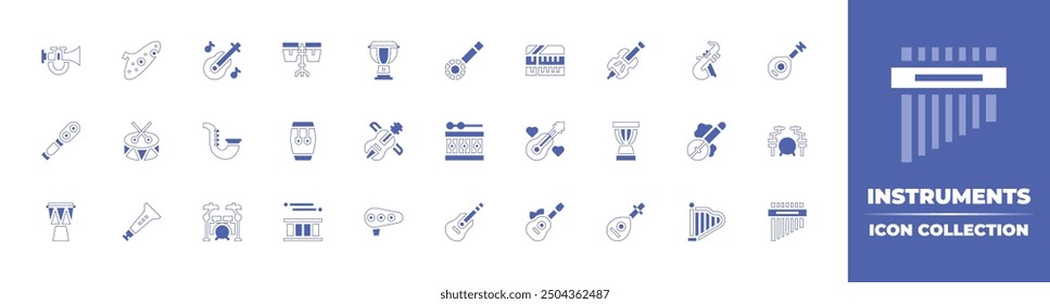 Instruments icon collection. Duotone style line stroke and bold. Vector illustration. Containing guitar, saxophone, drumset, trumpet, drum, ophthalmoscope, conga, rhaita, ocarina, drums.