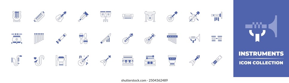 Instruments icon collection. Duotone style line stroke and bold. Vector illustration. Containing flute, saxophone, apollo, electricguitar, zampona, guitar, drum, maracas, gralla, harmonica, conga.