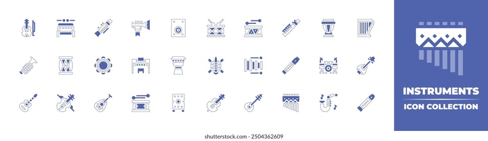 Instrumentos icono de colección. Estilo duotono trazo de línea y negrita. Ilustración vectorial. Contiene trompeta, clarinete, oud, tambor, guitarra, pandereta, violín, piano, vuvuzela, dholak.